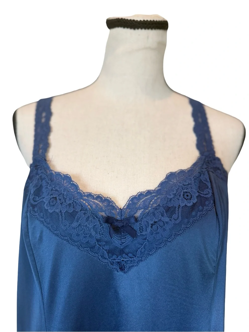 Vintage Sheer Elegance Blue Lace Trim Full Slip Nightgown USA Made Lingerie